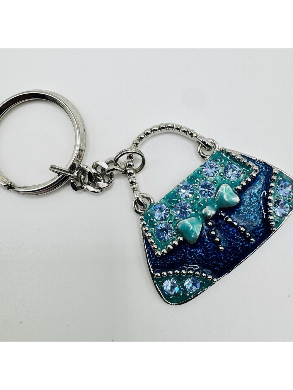 Bling Rhinestone Purse Keychain Teal Blue Enamel Handbag Charm Key Ring Gift